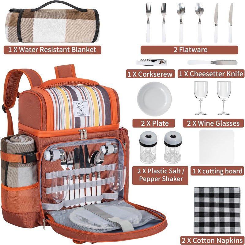 ITHWIU Picnic Backpack for 2 Person with 2 Insulated Leakproof Cooler Compartment, 2 Cutlery Sets, Wine Holder, Fleece Blanket, Perfect for Beach, Camping, Hiking, Brown - Image 2
